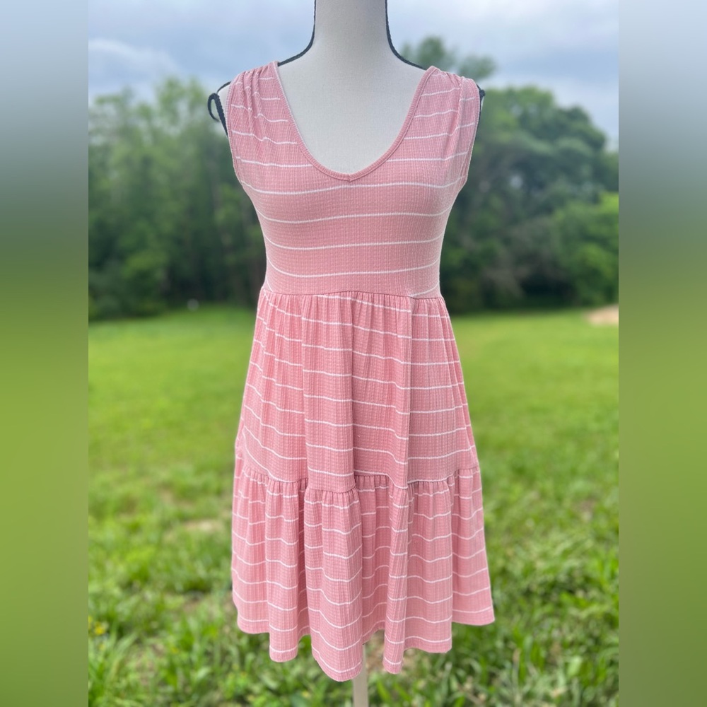 See You Monday Pink and White Tiered Ruffled Midi Sundress